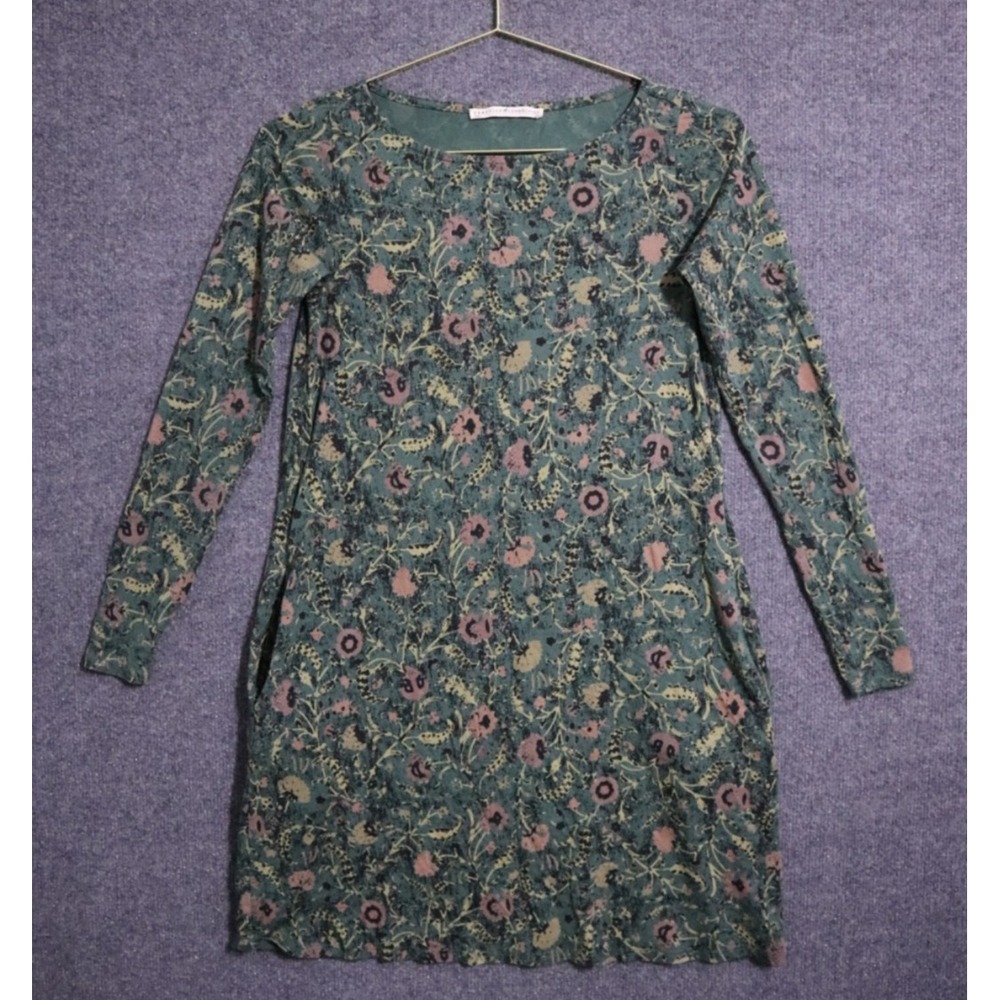Peruvian Connection Dress Women XS Green Multi Long Sleeve Mini Stretch EUC